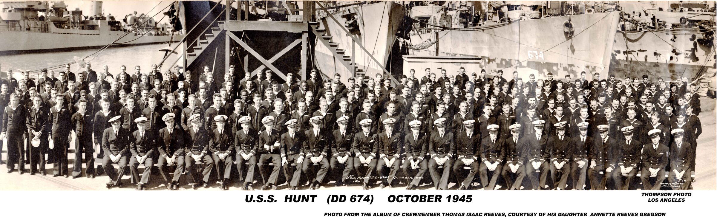 Panoramic portrait of the USS Hunt crew in dress uniform, October 1945